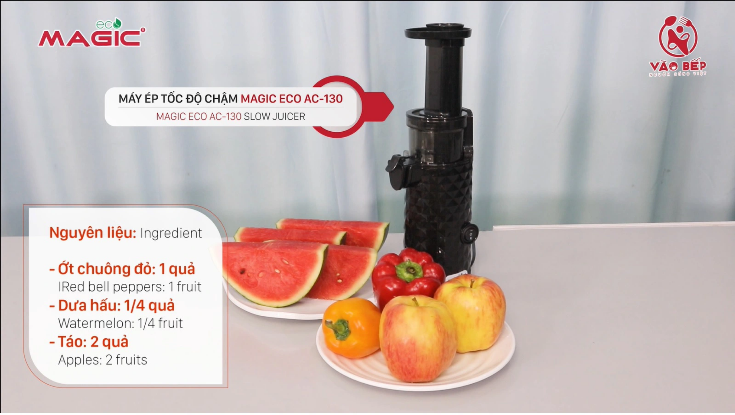 Nước ép ớt chuông, dưa hấu, táo giảm cân giữ dáng - Máy ép chậm Magic Eco AC-130 1 Nước ép ớt chuông, dưa hấu, táo giảm cân giữ dáng - Máy ép chậm Magic Eco AC-130 1