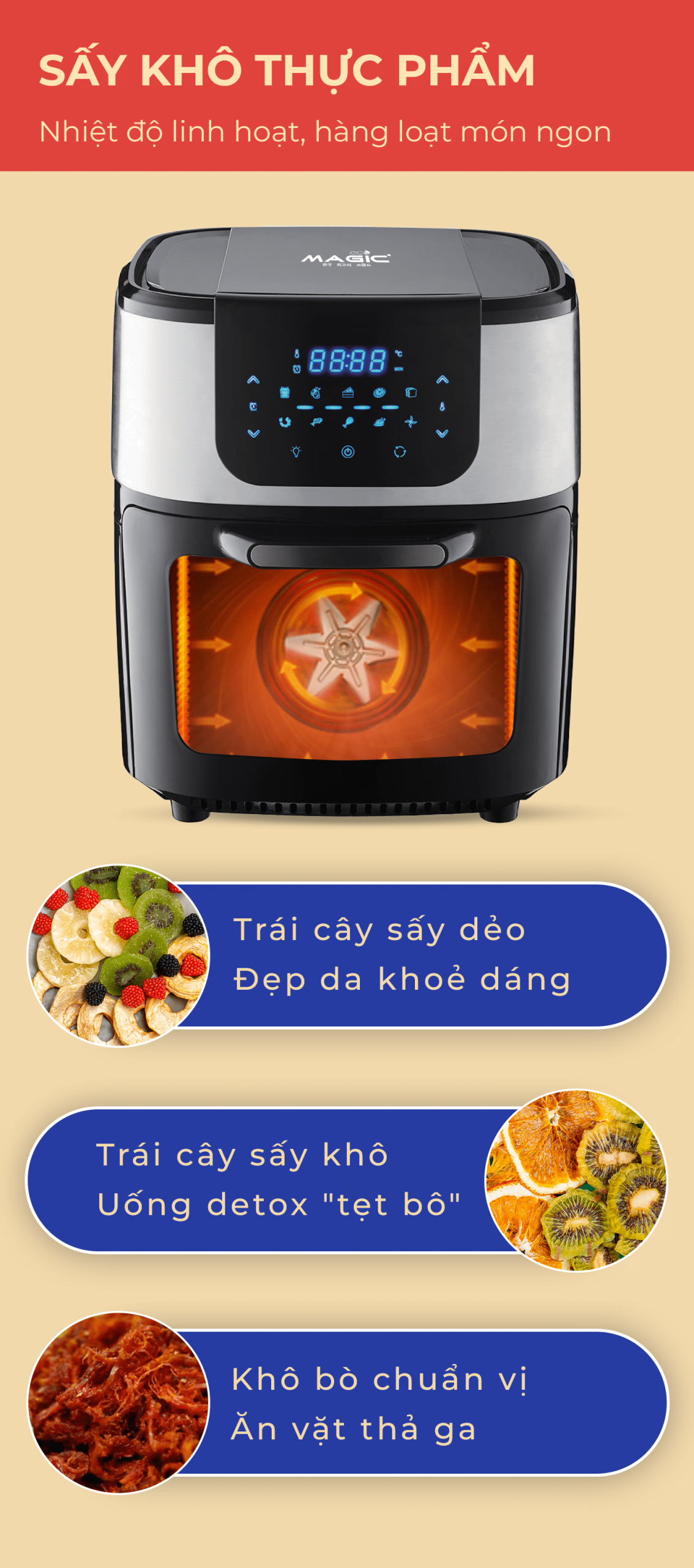 sấy khô thực phẩm cùng nồi chiên không dầu kết hợp nướng m13
