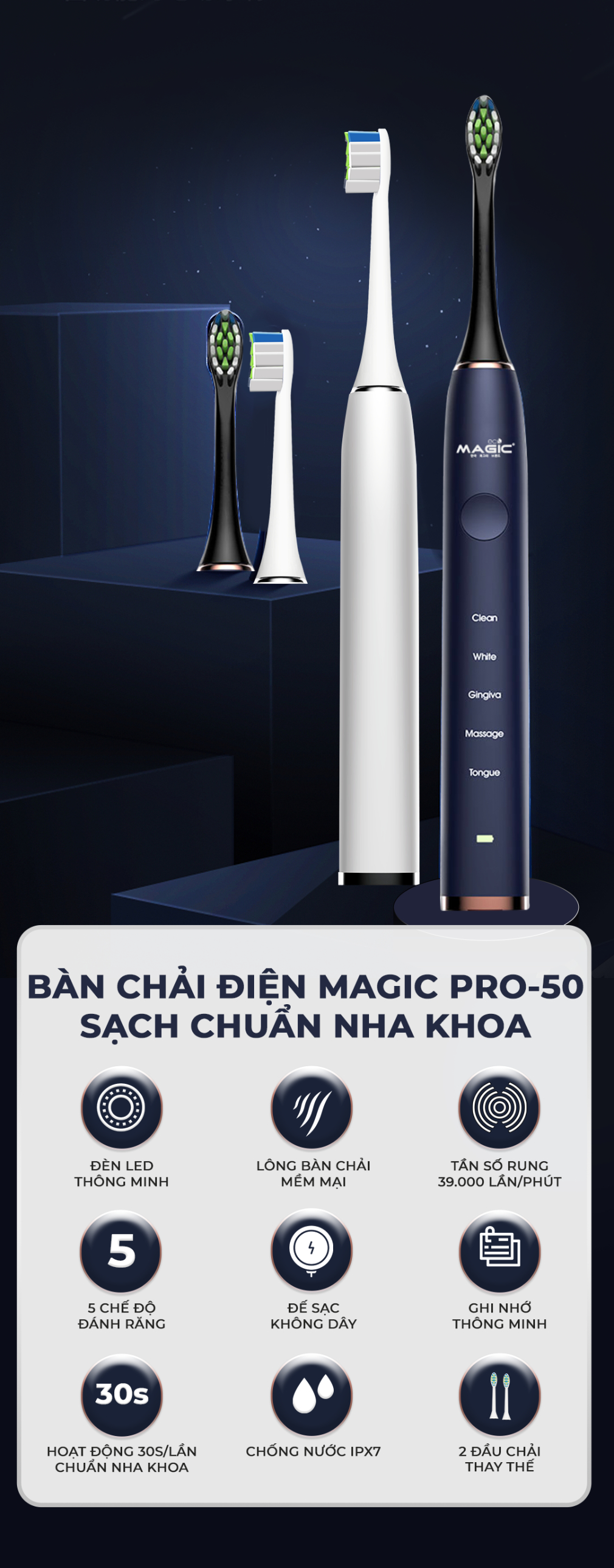 [KHÁCH HÀNG THÂN THIẾT] Bàn Chải Điện MAGIC Eco PRO-50 Xanh Navy (Sao chép) 15