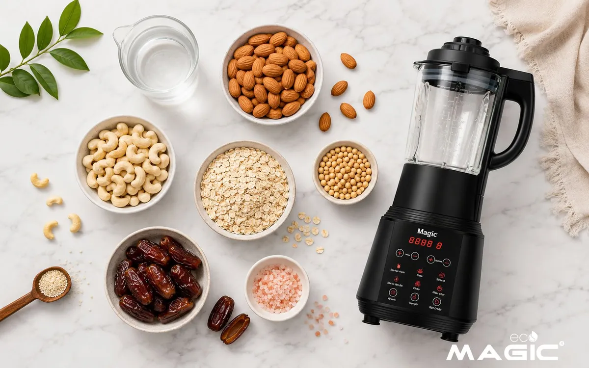 Mẹo Làm Sữa Hạt Tại Nhà NGON MỊN: Hướng Dẫn Chi Tiết Cho Người Mới Bắt Đầu 2 Hình ảnh các nguyên liệu làm sữa hạt cơ bản: hạnh nhân, hạt điều, yến mạch, chà là và muối hồng, được bày trí sạch sẽ trên bàn bếp.