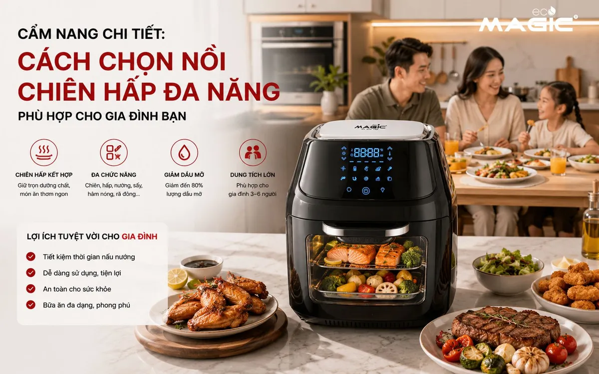 Hình ảnh gia đình đang thưởng thức bữa ăn ngon trong gian bếp hiện đại có nồi chiên hấp, tượng trưng cho nấu ăn lành mạnh và tiện lợi.