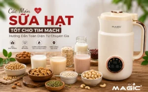 Ảnh tổng hợp các loại hạt và ly sữa hạt tươi mát trên nền gỗ tự nhiên, tượng trưng cho dinh dưỡng sữa hạt tốt cho tim mạch và sức khỏe.