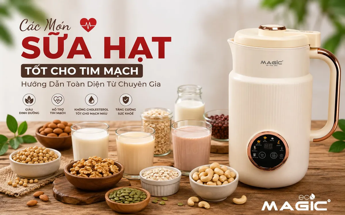 Ảnh tổng hợp các loại hạt và ly sữa hạt tươi mát trên nền gỗ tự nhiên, tượng trưng cho dinh dưỡng sữa hạt tốt cho tim mạch và sức khỏe.