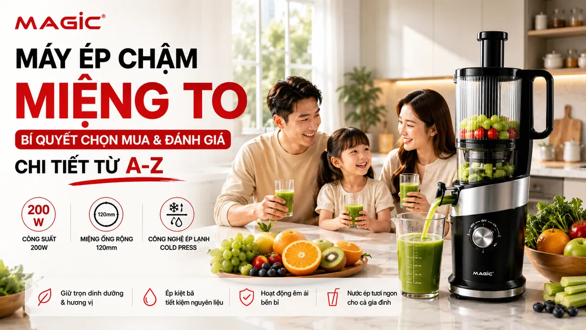 Máy Ép Chậm Miệng To: Bí Quyết Chọn Mua, Đánh Giá Chi Tiết Từ A-Z 1 Hình ảnh gia đình hạnh phúc thưởng thức nước ép tươi ngon tại nhà, máy ép chậm miệng to tiện lợi trong góc bếp hiện đại.