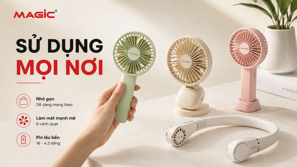 Quạt Cầm Tay Mini: Hướng Dẫn Toàn Diện Từ A-Z Để Chọn Mua Và Sử Dụng Hiệu Quả Nhất 2 Bộ sưu tập đa dạng các loại quạt cầm tay mini bao gồm quạt cầm tay truyền thống, quạt có đế để bàn, và quạt đeo cổ, trưng bày thiết kế và chức năng khác nhau.