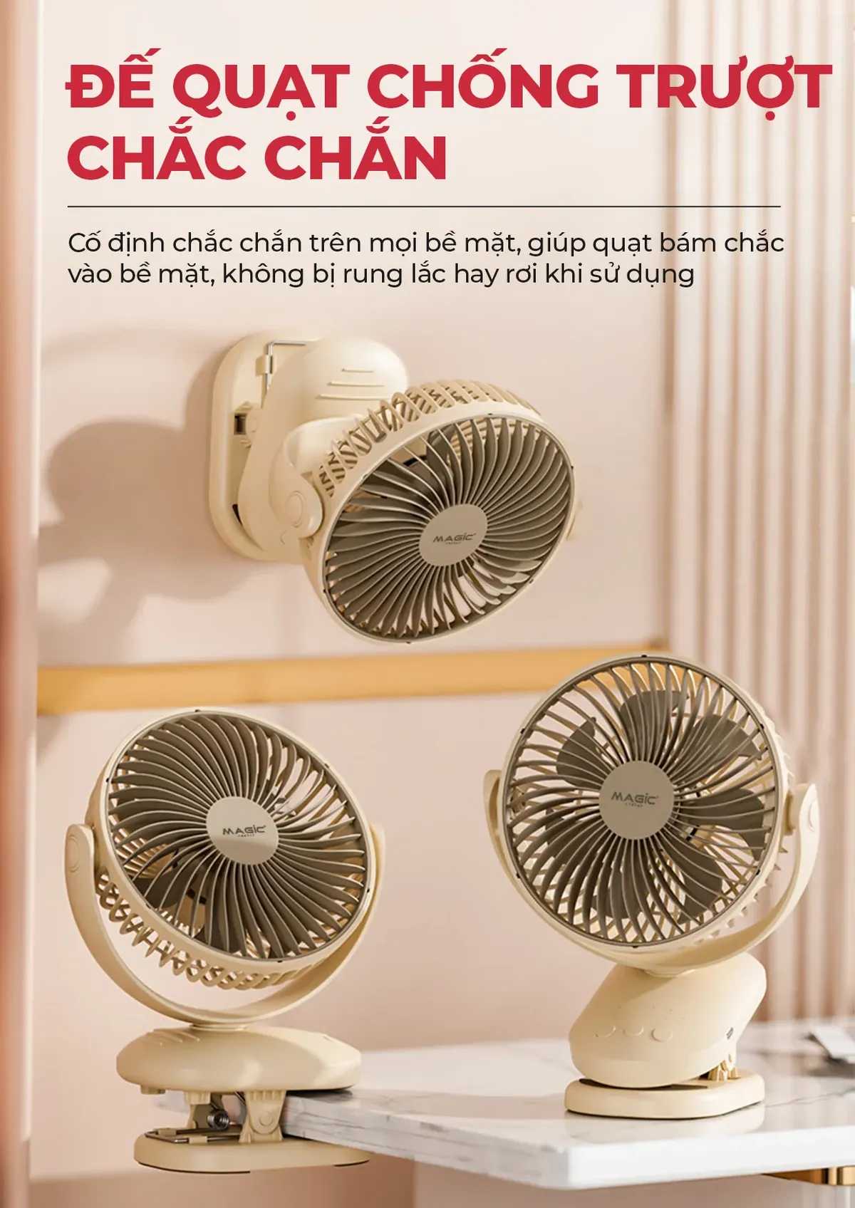 Quạt Tích Điện Kẹp: Hướng Dẫn Chọn Mua, Đánh Giá Từ A-Z Cho Mọi Nhu Cầu 2 Cận cảnh quạt tích điện kẹp, làm nổi bật đầu quạt có thể xoay 360 độ và chân kẹp đa năng, thể hiện cấu tạo tiện lợi và linh hoạt của quạt sạc.