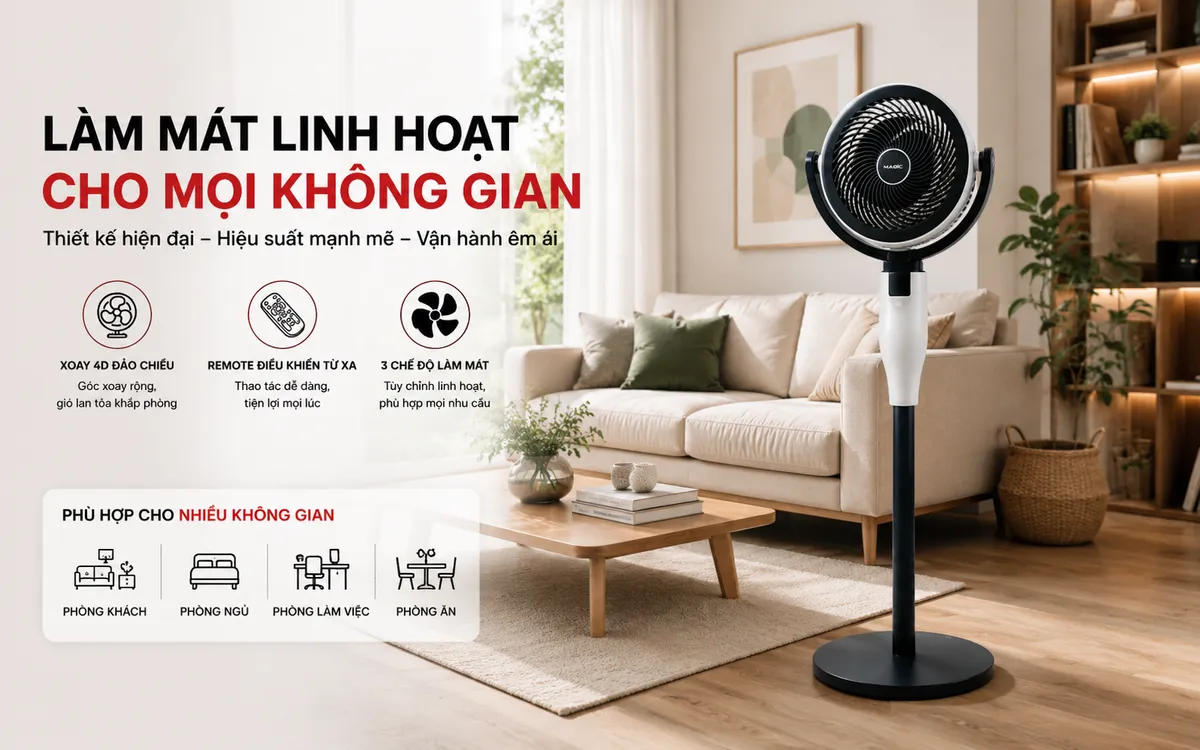 Cách Chọn Quạt: Hướng Dẫn Chi Tiết Để Làm Mát Hiệu Quả Cho Mọi Không Gian 2 Hình ảnh quạt cây hiện đại đặt trong phòng khách tiện nghi, minh họa khả năng làm mát linh hoạt cho không gian sống.