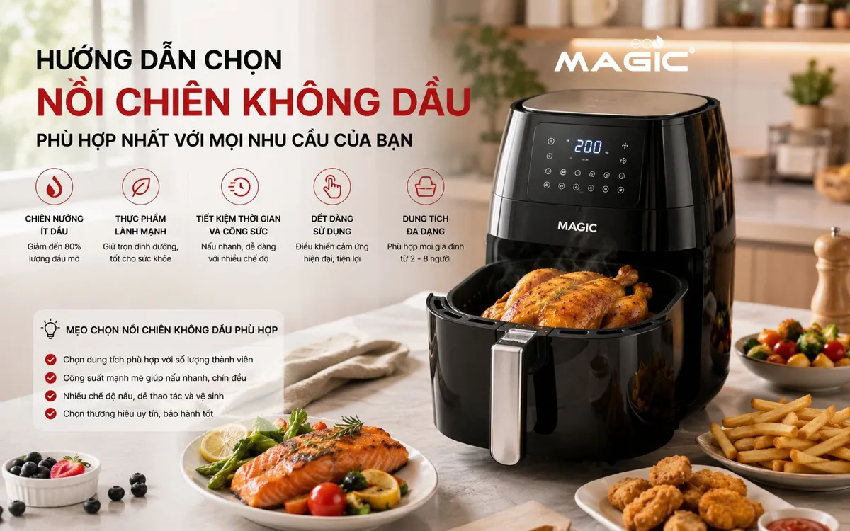 Hình ảnh tổng quan nồi chiên không dầu đang chiên khoai tây vàng giòn trên bàn bếp hiện đại, thể hiện món ăn lành mạnh và tiện lợi.