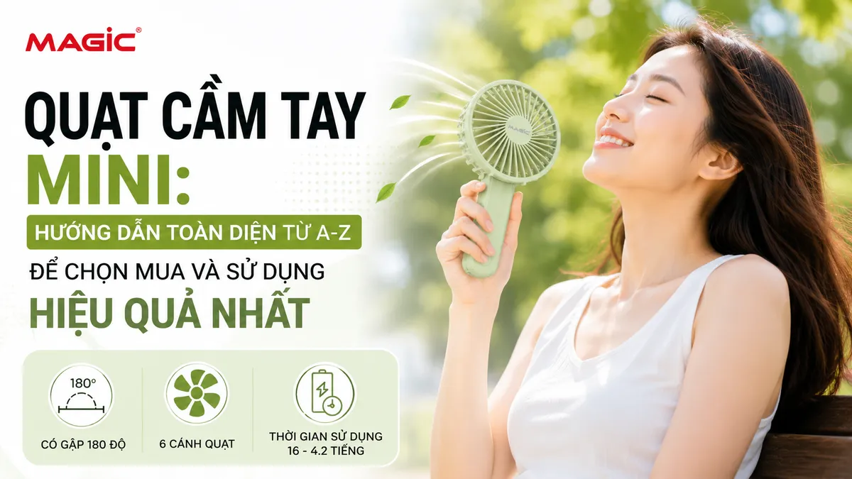 Quạt Cầm Tay Mini: Hướng Dẫn Toàn Diện Từ A-Z Để Chọn Mua Và Sử Dụng Hiệu Quả Nhất 1 Một người phụ nữ trẻ đang thư giãn và sử dụng quạt cầm tay mini trong công viên đầy nắng, thể hiện sự tiện lợi và khả năng làm mát hiệu quả của quạt.