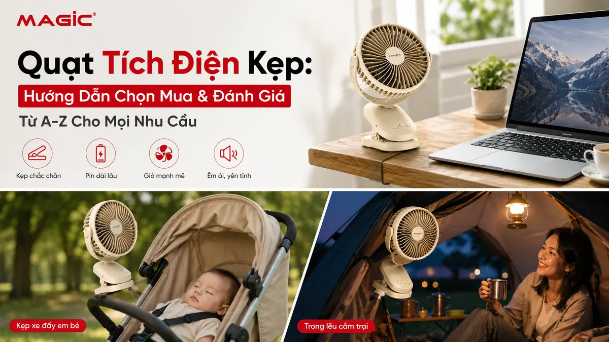 Quạt Tích Điện Kẹp: Hướng Dẫn Chọn Mua, Đánh Giá Từ A-Z Cho Mọi Nhu Cầu 1 Quạt tích điện kẹp đa năng trong nhiều bối cảnh sử dụng: trên bàn làm việc, xe đẩy em bé và lều cắm trại, minh họa sự tiện lợi và di động của quạt kẹp sạc điện.