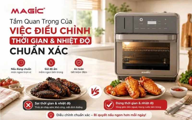 Nồi chiên không dầu Magic đang hoạt động với các món ăn chiên nướng hấp dẫn, biểu tượng cho việc nấu ăn lành mạnh và tiện lợi.