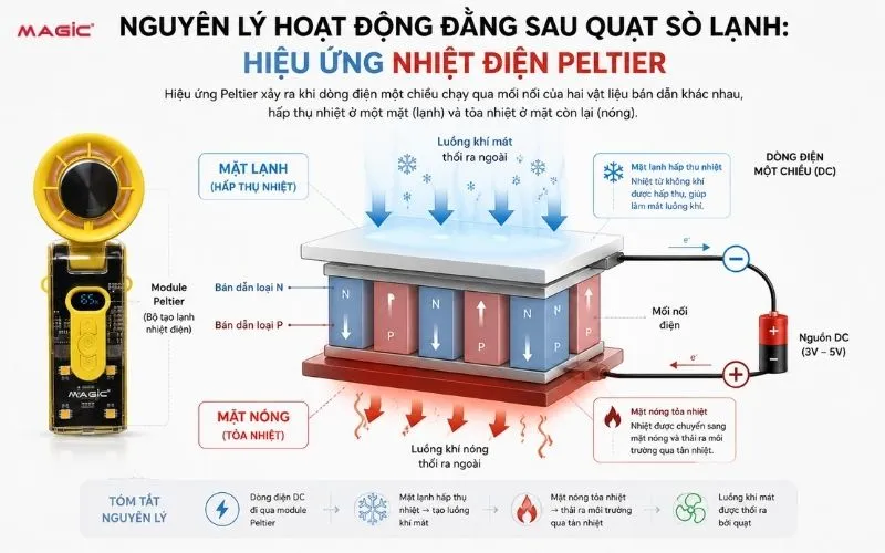 Sơ đồ nguyên lý hoạt động hiệu ứng Peltier, minh họa mặt nóng, mặt lạnh và dòng điện trong module TEC của quạt sò lạnh.