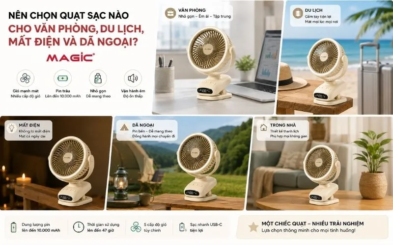 Tổng hợp các loại quạt sạc đa năng cho văn phòng, du lịch, mất điện và dã ngoại, thể hiện sự tiện lợi và đa dạng mẫu mã của quạt sạc di động.