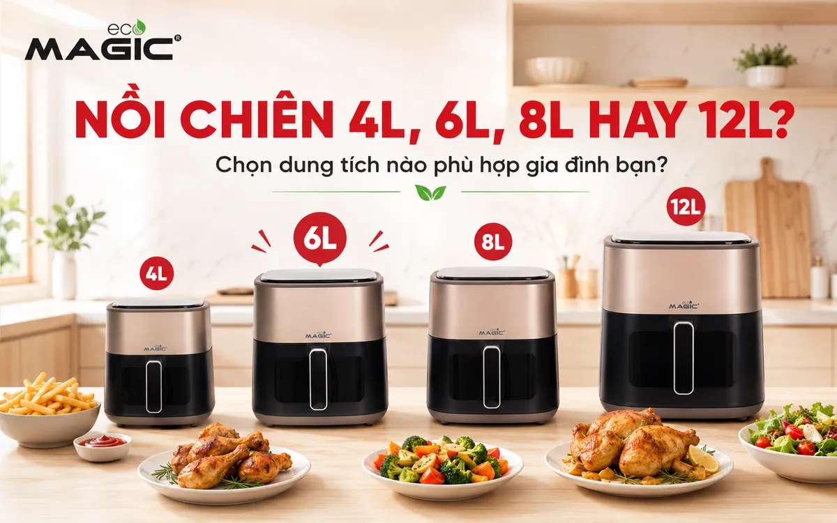 Hình ảnh tổng quan các loại nồi chiên không dầu dung tích 4L, 6L, 8L, 12L đa dạng kiểu dáng, màu sắc trên bàn bếp hiện đại, minh họa sự lựa chọn phù hợp cho mọi gia đình.