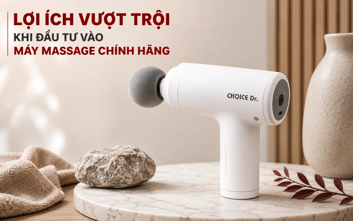 Hình ảnh cận cảnh súng massage Choice Dr. DC-001, nổi bật với thiết kế tinh xảo và chất liệu cao cấp, minh họa rõ nét lợi ích về độ an toàn và hiệu quả của máy massage chính hãng.