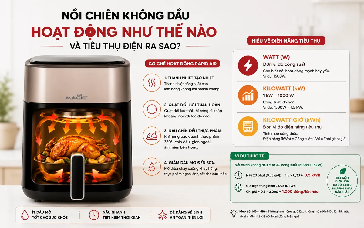 Infographic mô tả chi tiết cơ chế luân chuyển khí nóng Rapid Air bên trong nồi chiên không dầu, kèm chú thích rõ ràng các đơn vị đo điện năng W, kW, kWh.