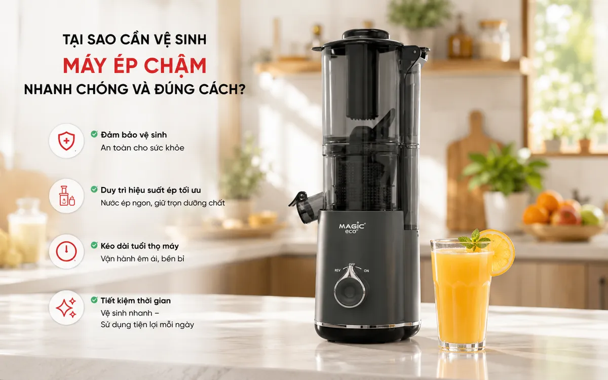 Máy ép chậm Magic Eco sạch sẽ, sáng bóng bên cạnh ly nước ép tươi ngon, thể hiện tầm quan trọng của vệ sinh máy ép chậm.