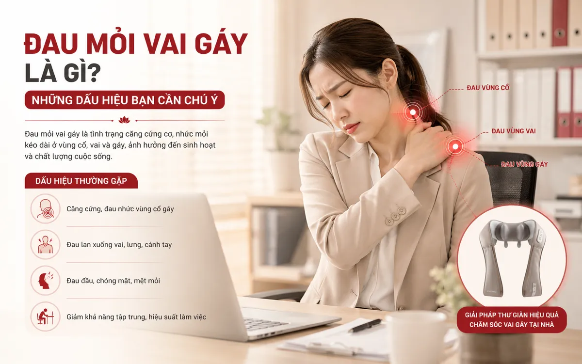 Người phụ nữ trẻ đang ôm vai gáy đau mỏi trong văn phòng, minh họa triệu chứng đau mỏi vai gáy phổ biến.