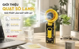 Hình ảnh quạt sò lạnh mini đang làm mát không gian bàn làm việc cá nhân trong mùa hè, giúp tiết kiệm điện năng.