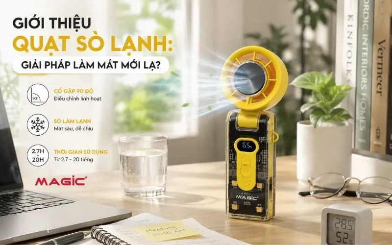 Hình ảnh quạt sò lạnh mini đang làm mát không gian bàn làm việc cá nhân trong mùa hè, giúp tiết kiệm điện năng.
