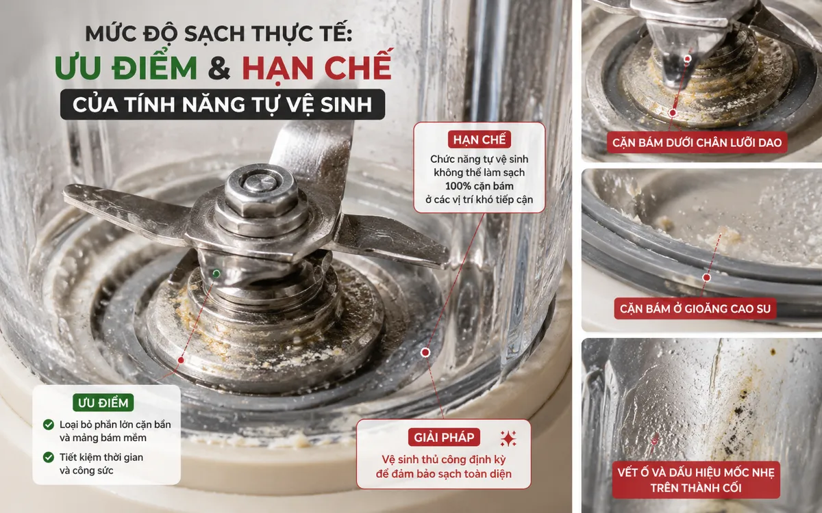 Ảnh cận cảnh các vết ố vàng, cặn bám còn sót lại dưới lưỡi dao hoặc gioăng cao su của máy làm sữa hạt sau khi tự vệ sinh, làm nổi bật hạn chế của chức năng này.