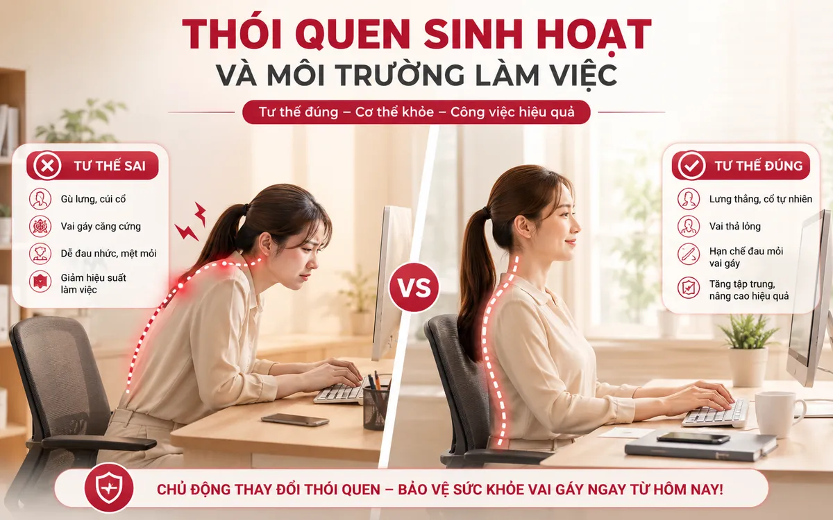 Minh họa tư thế làm việc đúng và sai trước máy tính, giúp phòng ngừa đau mỏi vai gáy cho dân văn phòng.