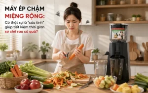 Người phụ nữ bận rộn sơ chế rau củ quả trên bàn bếp, minh họa nỗi lo sơ chế trước khi dùng máy ép chậm miệng rộng.
