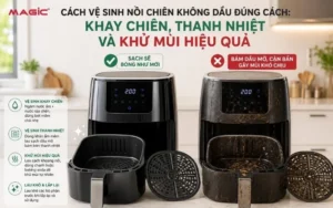 Hình ảnh so sánh nồi chiên không dầu sạch và nồi chiên không dầu bẩn, minh họa lợi ích của việc vệ sinh nồi chiên không dầu đúng cách.