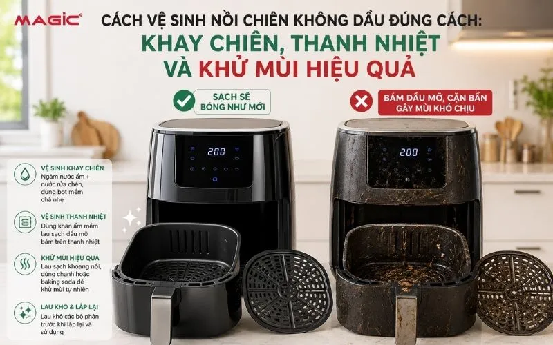Hình ảnh so sánh nồi chiên không dầu sạch và nồi chiên không dầu bẩn, minh họa lợi ích của việc vệ sinh nồi chiên không dầu đúng cách.