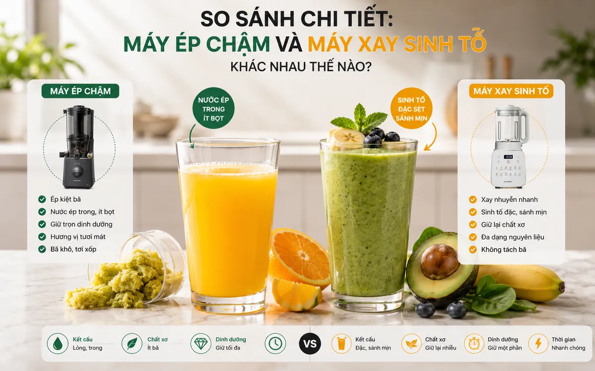 Hình ảnh so sánh trực quan hai ly thành phẩm: nước ép trong từ máy ép chậm và sinh tố đặc từ máy xay sinh tố, giúp người dùng thấy rõ máy ép chậm và máy xay sinh tố khác nhau thế nào và nên mua loại nào.