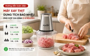 Hình ảnh minh họa máy xay thịt hiện đại dung tích phù hợp gia đình 2-6 người, với các nguyên liệu tươi ngon trên bàn bếp sạch sẽ, thể hiện tiện ích và an toàn thực phẩm.