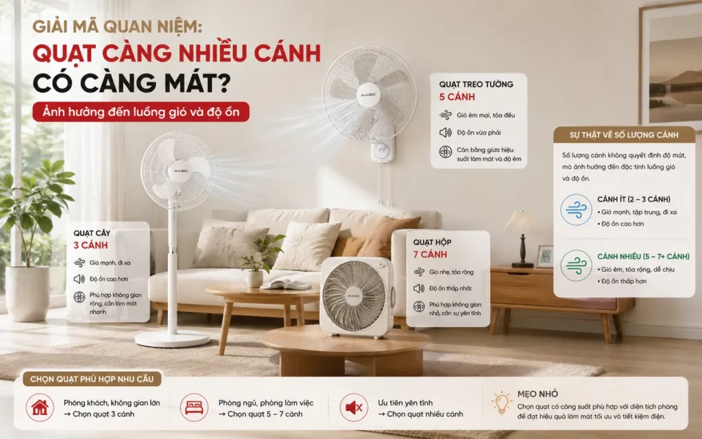 Hình ảnh minh họa các loại quạt điện gia đình đa dạng (quạt cây, quạt hộp, quạt treo tường) với số lượng cánh khác nhau, giúp giải mã quan niệm về quạt càng nhiều cánh càng mát và ảnh hưởng của chúng đến luồng gió và độ ồn.