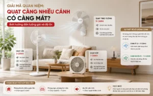Hình ảnh minh họa các loại quạt điện gia đình đa dạng (quạt cây, quạt hộp, quạt treo tường) với số lượng cánh khác nhau, giúp giải mã quan niệm về quạt càng nhiều cánh càng mát và ảnh hưởng của chúng đến luồng gió và độ ồn.