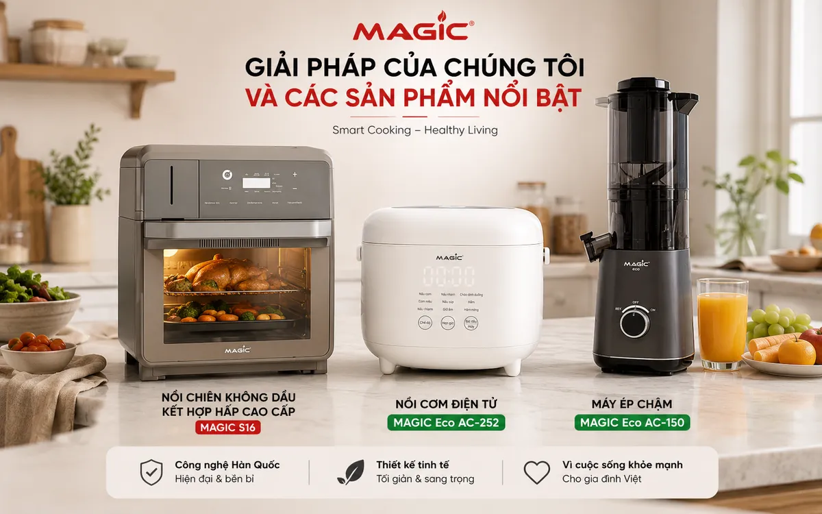 Hướng dẫn toàn diện về Máy xay thịt dung tích bao nhiêu phù hợp gia đình 2–6 người? 2 Bộ sưu tập sản phẩm gia dụng MAGIC gồm nồi chiên không dầu, nồi cơm điện và máy ép chậm, trưng bày trong căn bếp hiện đại, thể hiện công nghệ và tiện ích cho gia đình.