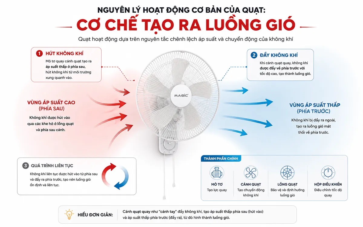 Sơ đồ minh họa nguyên lý hoạt động cơ bản của quạt, hiển thị cơ chế tạo ra luồng gió, các mũi tên chỉ hướng không khí và vùng áp suất cao/thấp, giải thích cách quạt làm mát và ảnh hưởng đến luồng gió.
