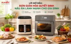 Hình ảnh tổng quan so sánh nồi chiên không dầu và nồi chiên hấp trên bàn bếp hiện đại, với các nguyên liệu thực phẩm tươi sống.