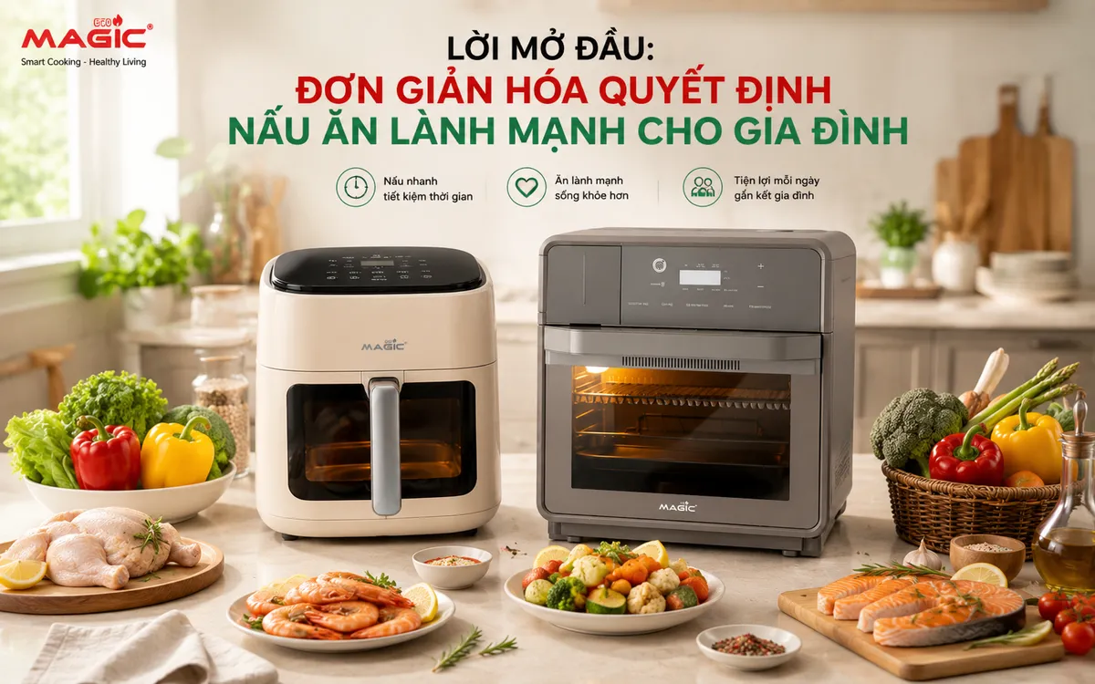 Hình ảnh tổng quan so sánh nồi chiên không dầu và nồi chiên hấp trên bàn bếp hiện đại, với các nguyên liệu thực phẩm tươi sống.