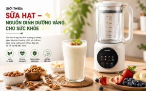 Ly sữa hạt hạnh nhân óc chó sánh mịn, giàu dinh dưỡng, bên cạnh hạt thô và trái cây tươi, công thức sữa hạt tự làm tại nhà.
