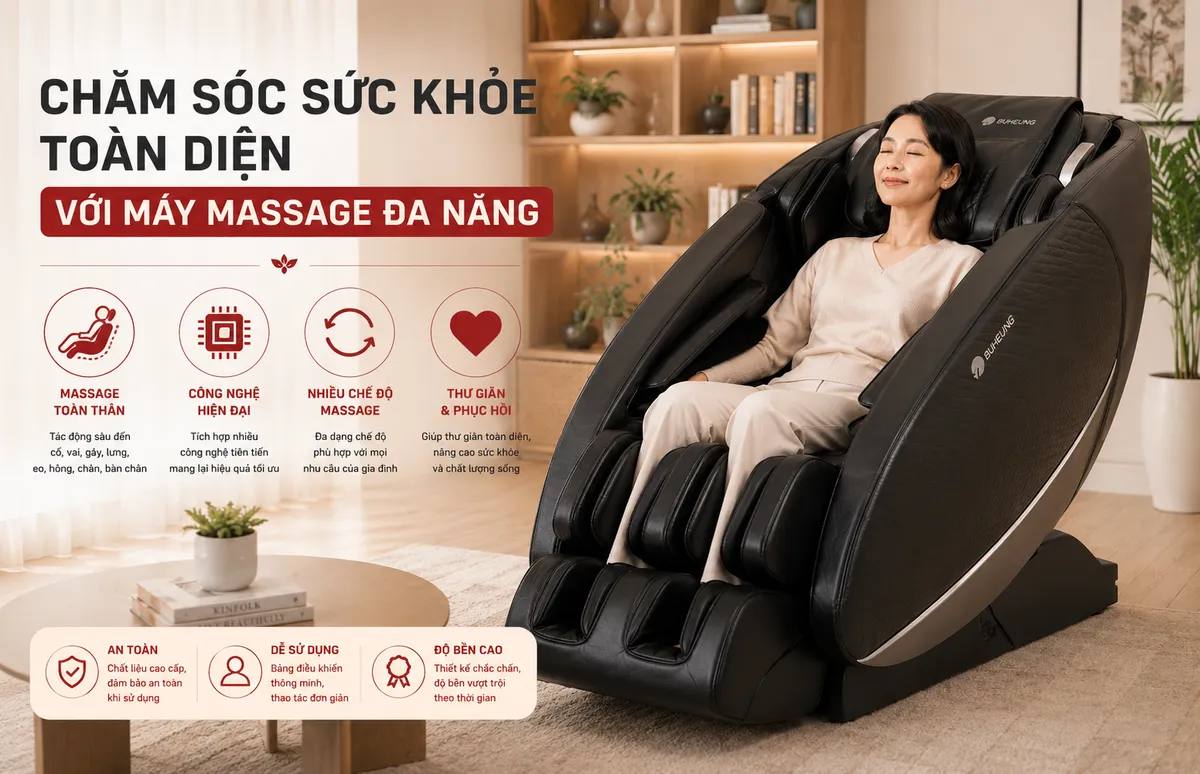 Người phụ nữ thư giãn trên ghế massage đa năng Buheung UFO Space MK-7700 trong phòng khách hiện đại, tận hưởng giây phút thư thái chăm sóc sức khỏe toàn diện.