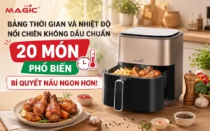 Nồi chiên không dầu Magic đang hoạt động với các món ăn chiên nướng hấp dẫn, biểu tượng cho việc nấu ăn lành mạnh và tiện lợi.