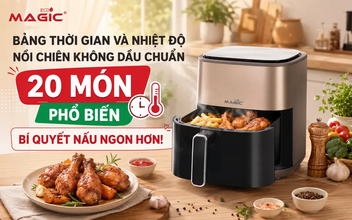 Nồi chiên không dầu Magic đang hoạt động với các món ăn chiên nướng hấp dẫn, biểu tượng cho việc nấu ăn lành mạnh và tiện lợi.