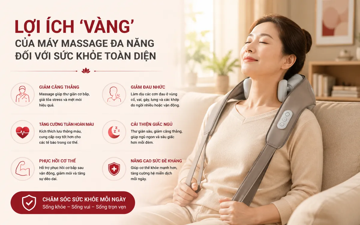 Người phụ nữ với vẻ mặt thư thái, đang tận hưởng liệu pháp massage cổ bằng đai massage Buheung LUX-501, mang lại cảm giác dễ chịu và giảm căng thẳng.