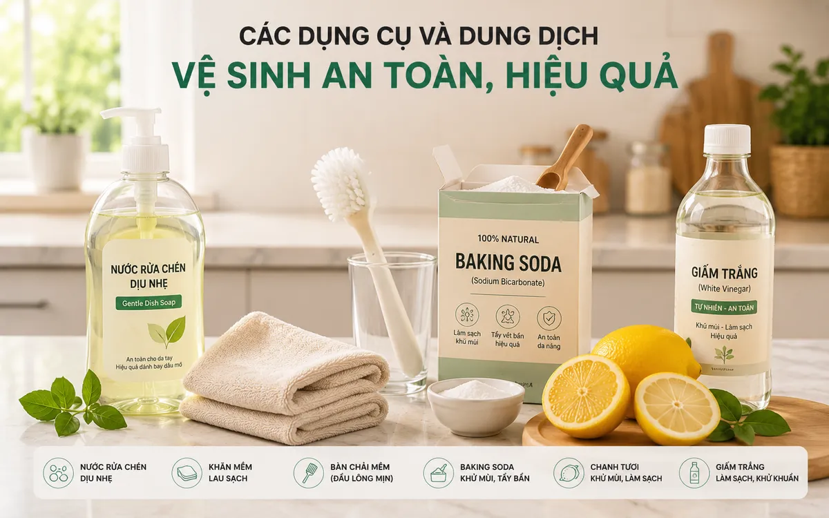 Hình ảnh các dụng cụ và nguyên liệu vệ sinh cần thiết cho nồi chiên không dầu, bao gồm xà phòng, khăn mềm, bàn chải, baking soda, chanh và giấm, được sắp xếp gọn gàng trên mặt bàn bếp.