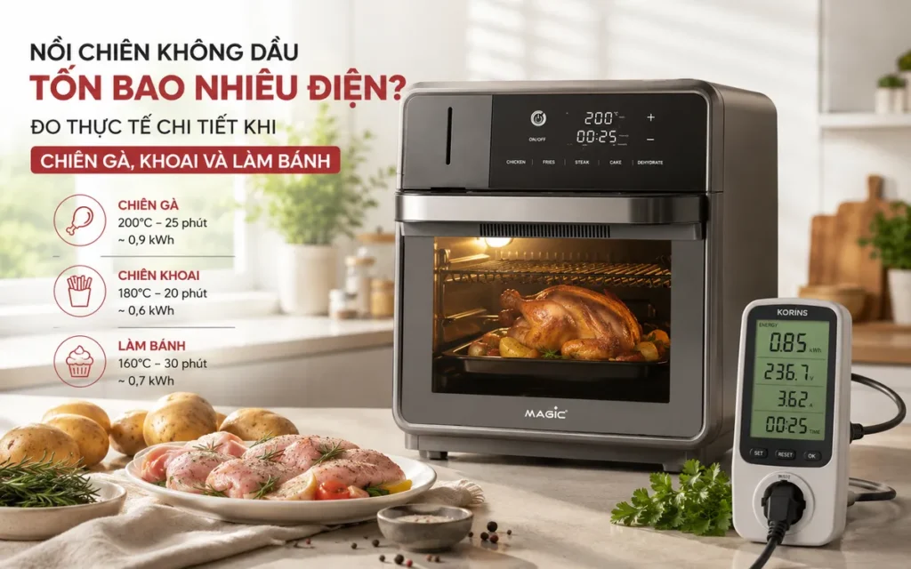 Hình ảnh nồi chiên không dầu hiện đại MAGIC S16 trong không gian bếp sạch sẽ, bên cạnh là thiết bị đo điện, minh họa việc kiểm tra điện năng tiêu thụ thực tế khi sử dụng nồi chiên không dầu.