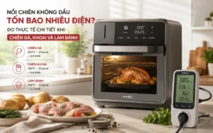 Hình ảnh nồi chiên không dầu hiện đại MAGIC S16 trong không gian bếp sạch sẽ, bên cạnh là thiết bị đo điện, minh họa việc kiểm tra điện năng tiêu thụ thực tế khi sử dụng nồi chiên không dầu.