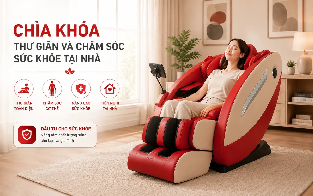 Hình ảnh một người phụ nữ thư giãn trên ghế massage đa năng hiện đại tại phòng khách ấm cúng, thể hiện sự thoải mái và chăm sóc sức khỏe tại nhà.