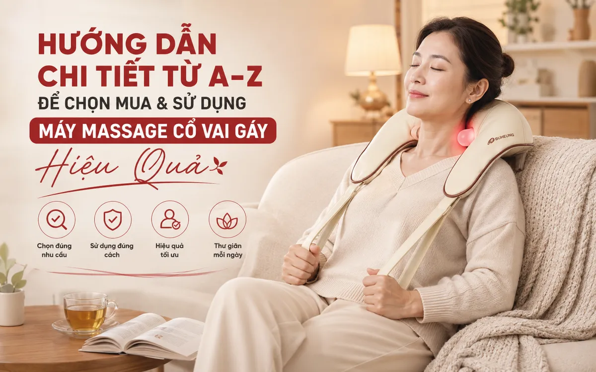 Người dùng đang tận hưởng sự thư giãn với máy massage cổ vai gáy Buheung MK-332 tại nhà, giảm đau nhức hiệu quả.
