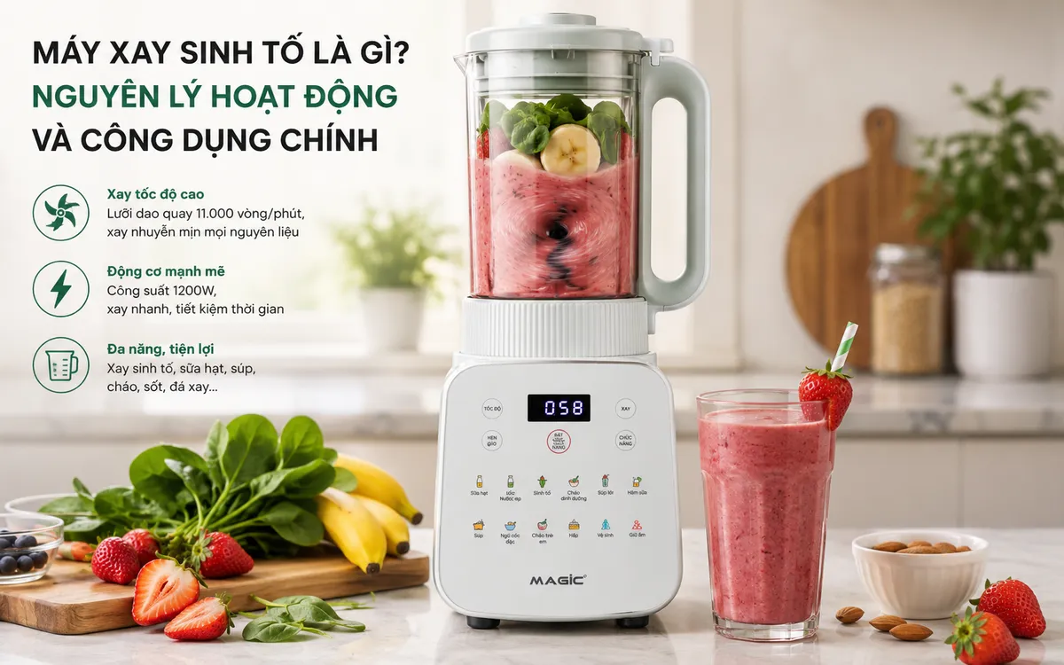 Cận cảnh máy xay sinh tố đang xay smoothie trái cây và rau xanh, minh họa thành phẩm đặc sệt, giàu chất xơ, giúp hiểu rõ máy xay sinh tố là gì.