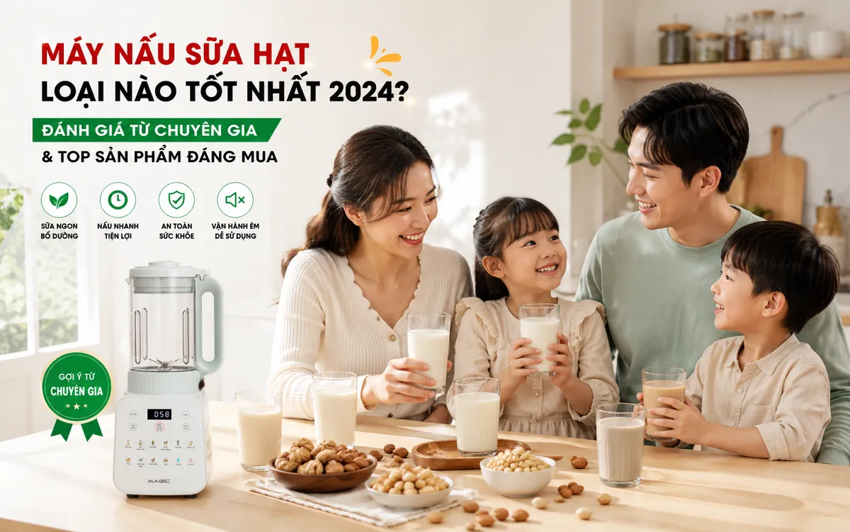 Máy Nấu Sữa Hạt Loại Nào Tốt Nhất 2026? Đánh Giá Từ Chuyên Gia Và Top Sản Phẩm Đáng Mua 1 Gia đình Việt hạnh phúc thưởng thức ly sữa hạt thơm ngon tự làm tại nhà, biểu tượng cho lối sống khỏe mạnh với máy nấu sữa hạt.