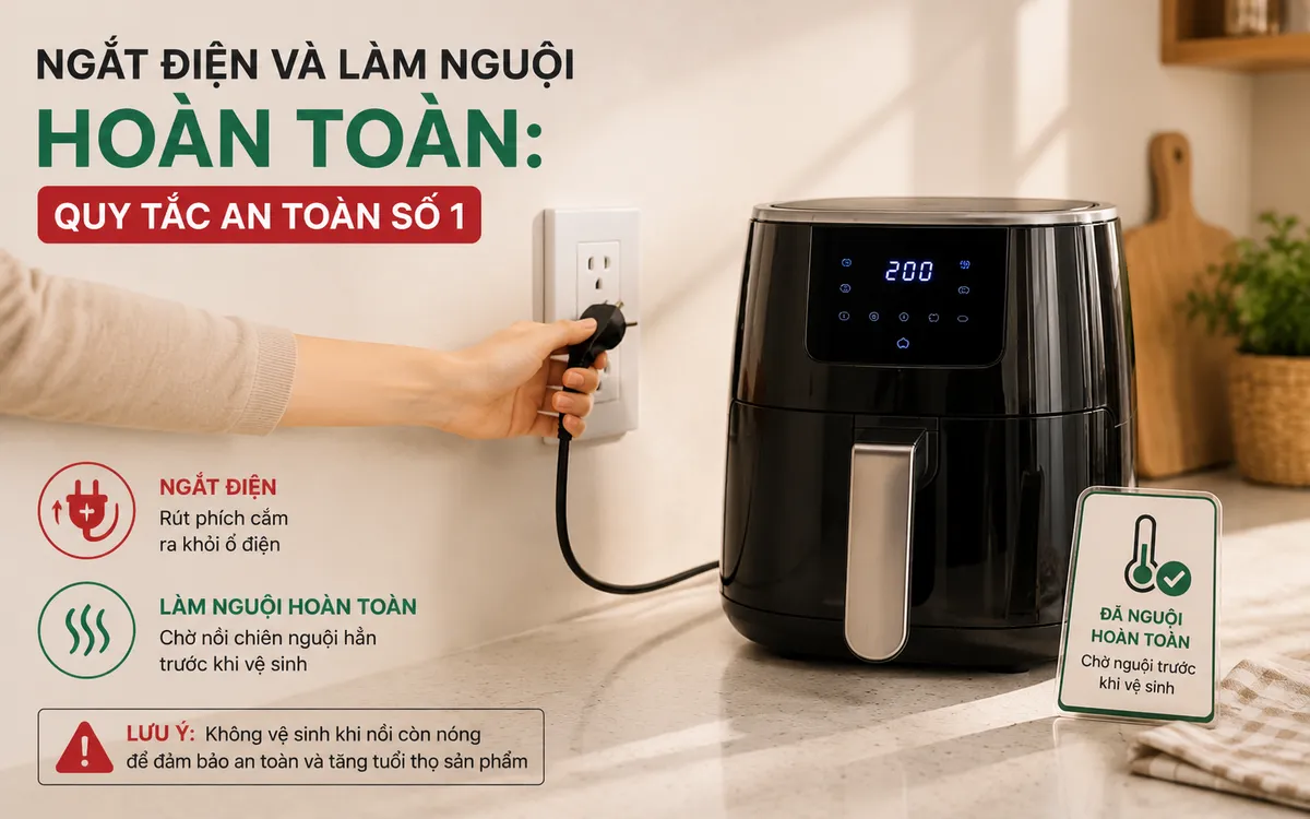 Bàn tay đang rút phích cắm điện của nồi chiên không dầu, kèm ký hiệu cảnh báo 'nguội', nhấn mạnh quy tắc an toàn trước khi vệ sinh.